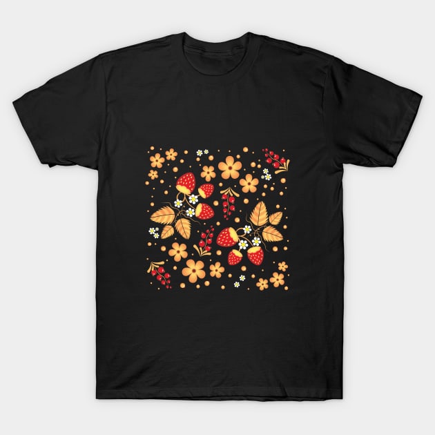 Russian folk art Khokhloma, floral pattern T-Shirt by artgallaktica